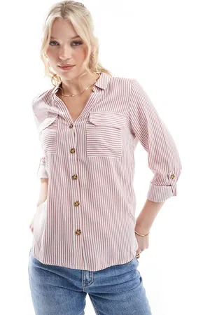 VERO MODA Camisa a rayas rosas y blancas con botones y detalle de bolsillo de