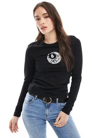JJXX Camiseta negra de manga larga con estampado de bola de billar con fondo de vaca Gigi de