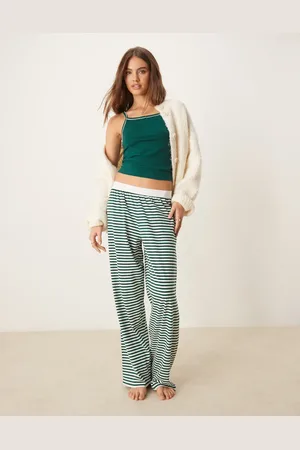 ASOS Pantalones de pijama a rayas verdes con ribete de puntilla y cinturilla a la vista Mix & Match de
