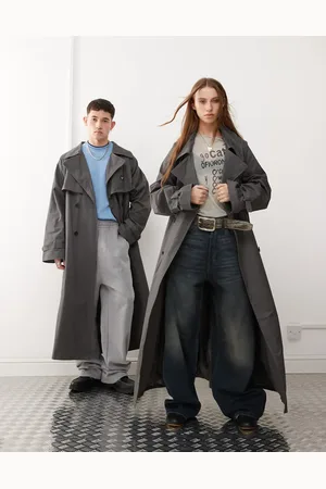 Reclaimed Gabardina gris carbón unisex con cinturón de