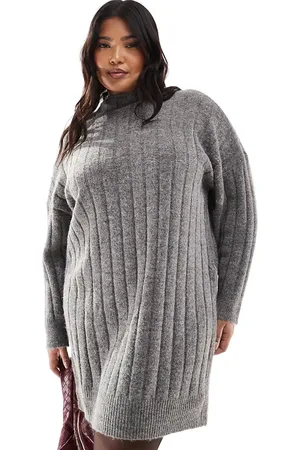 VERO MODA Vestido corto gris oscuro melange extragrande de canalé de