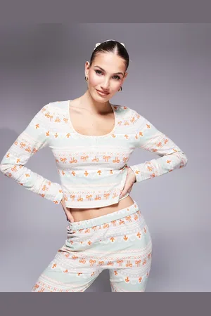 ASOS Top de pijama de manga larga con estampado de grecas alpinas y coletero abullonado a juego Mix & Match de