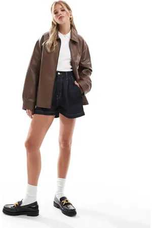 ASOS Chaqueta Harrington marrón con cremallera delantera de tejido efecto cuero de