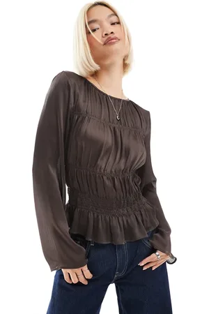 ASOS Blusa marrón fruncida de tejido semitransparente de