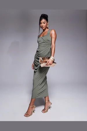 ASOS Vestido midi con escote moldeado, tirantes anchos y falda drapeada de -Verde