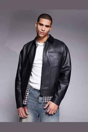 ASOS Chaqueta Harrington negra de cuero auténtico con solapas de ante premium de