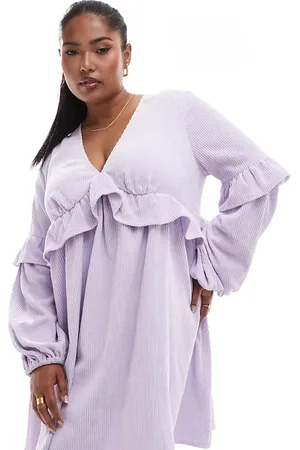 ASOS Vestido corto amplio con detalle de volante de pana de ASOS DESIGN Curve-Morado