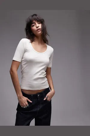 ARKET Camiseta hueso con cuello ancho de punto acanalado de