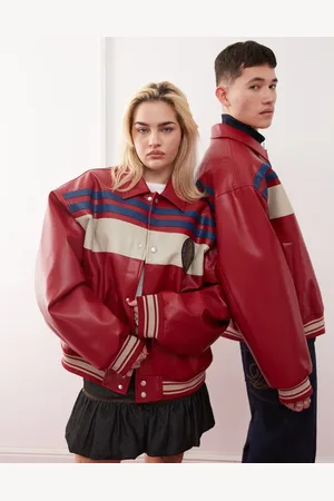 COLLUSION Chaqueta bomber roja extragrande con diseño dividido de poliuretano de Unisex