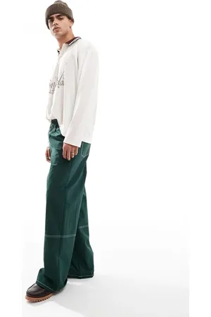 ASOS Pantalones verdes holgados con pespuntes en contraste de nailon de