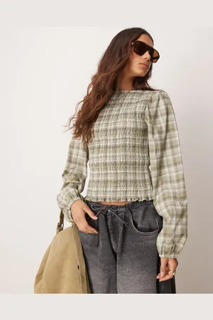 ASOS Blusa verde a cuadros fruncida con cuello barco de -Multicolor