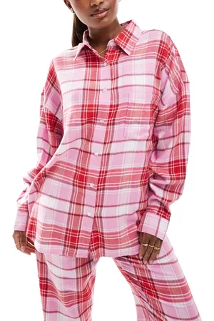 Cotton On Camisa de pijama a cuadros rojos y rosas holgada de franela de Cotton On