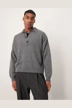 ASOS Polo gris extragrande con muesca pronunciada en el cuello de punto de