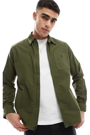 Ralph Lauren Camisa Oxford con cremallera delantera, bolsillo y logo de icono de hilo tintado de