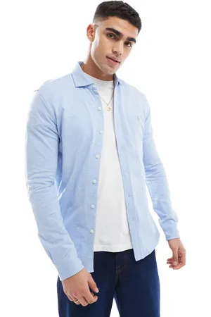 Ralph Lauren Camisa azul claro jaspeado con patrón de espiga, cuello de solapas alzado y logo de punto liso Icon de