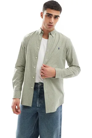 Ralph Lauren Camisa a cuadros vichy verdes y blancos de corte slim con logo de popelina de