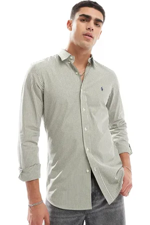 Ralph Lauren Camisa verde y blanca a rayas de corte slim elástico con logo de popelina de