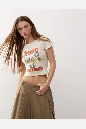Monki Camiseta color con diseño encogido y estampado gráfico de tenis estilo dibujo de -Blanco