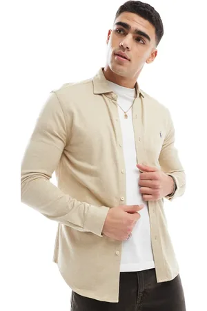 Ralph Lauren Camisa beis jaspeado con patrón de espiga, cuello de solapas alzado y logo de punto liso Icon de -Neutro