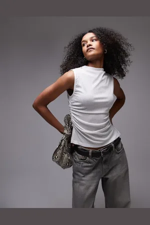 ASOS Camiseta blanco sin mangas fruncido con cuello subido de tejido de tacto seco de