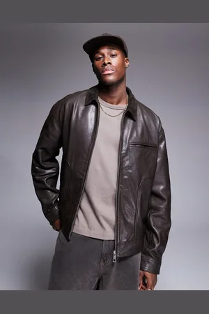 ASOS Chaqueta Harrington de cuero auténtico con solapas de ante premium de