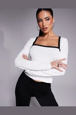 ASOS Top color de manga larga con ribetes en contraste de -Blanco