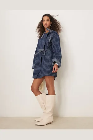 Ghospell Vestido vaquero corto azul a cuadros con detalle de lazo de