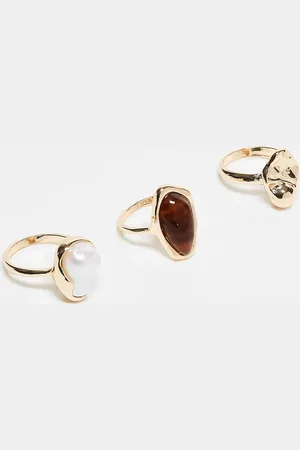 ASOS Pack de 3 anillos dorados con diseños efecto fundido y de perlas sintéticas de