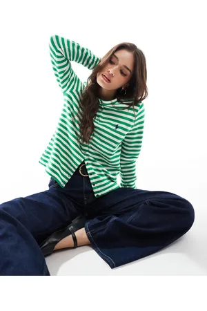 Ralph Lauren Cárdigan a rayas verdes y blancas de manga larga de punto liso de -Blanco