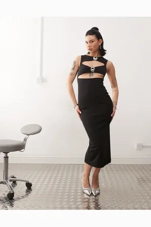 Lioness Vestido midi sin mangas con abertura delantera y detalle de metal de