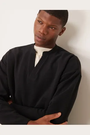 ASOS Sudadera negra de corte cuadrado extragrande con cuello de pico de canalé grueso cepillado de