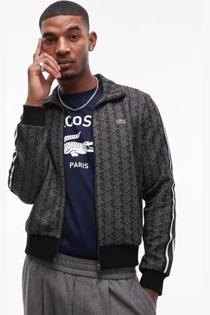 Lacoste Chaqueta de chándal negra con cremallera y estampado integral del monograma de
