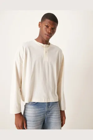 ASOS Camiseta corta color de manga larga y corte ultragrande con cuello panadero de -Blanco
