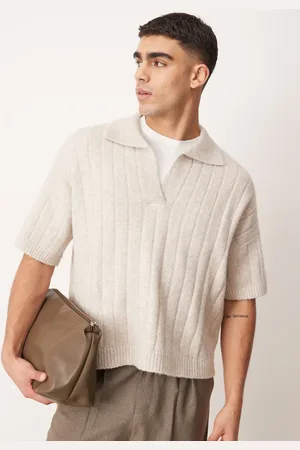 ASOS Polo color de corte cuadrado extragrande con muesca en el cuello de canalé de -Neutro