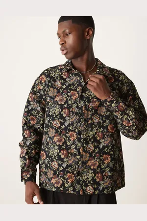 ASOS Camisa negra de corte cuadrado extragrande con diseño floral de jacquard de -Multicolor