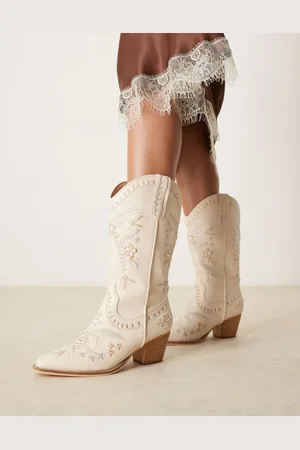 Glamorous Botas por la rodilla color de estilo wéstern con diseño bordado de -Blanco