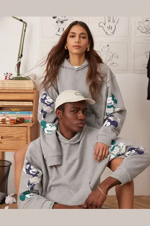 ASOS Sudadera gris jaspeado unisex de corte cuadrado extragrande con capucha y estampado de Mickey y Minnie Mouse de Disney de