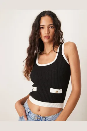 New Look Top negro sin mangas con ribetes de punto de