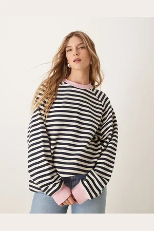 ASOS Sudadera rosa a rayas extragrande de manga larga de canalé de