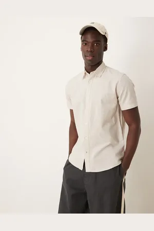 SELECTED Camisa color crema de manga corta de mezcla de lino de -Blanco