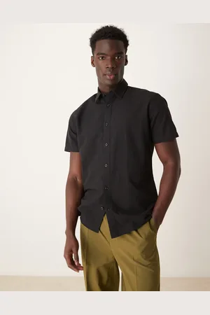 SELECTED Camisa negra de manga corta de mezcla de lino de