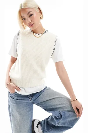 VERO MODA Top color crema sin mangas con pespuntes en contraste de punto de -Blanco