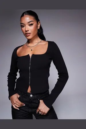ASOS Top de manga larga con cuello cuadrado y cremallera delantera de canalé de