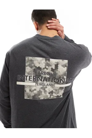 Barbour Camiseta gris oscuro de manga larga con estampado gráfico en la espalda Marsh de