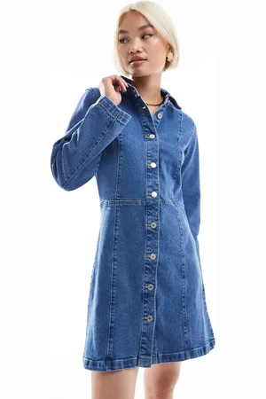VERO MODA Vestido vaquero corto azul medio abotonado con mangas anchas de