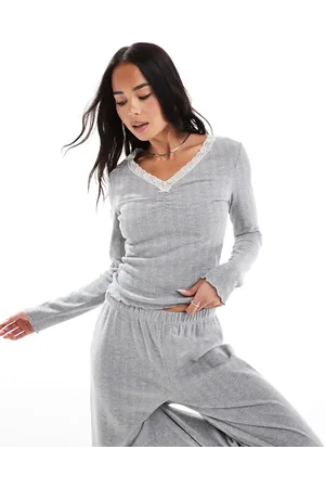 Miss Selfridge Top de manga larga de punto pointelle con ribete de encaje de (parte de un conjunto)-Gris