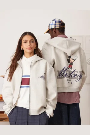 ASOS Sudadera gris jaspeado unisex de corte cuadrado extragrande con cremallera y estampado de Mickey Mouse de Disney de tejido efecto neopreno de