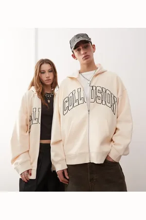 COLLUSION Sudadera color con capucha, bordado universitario y cremallera de Unisex-Blanco