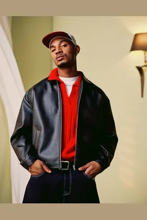 ASOS Chaqueta Harrington negra de corte cuadrado extragrande de cuero sintético de