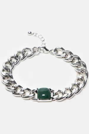 Reclaimed Pulsera plateada unisex de cadena con piedra jade de imitación de
